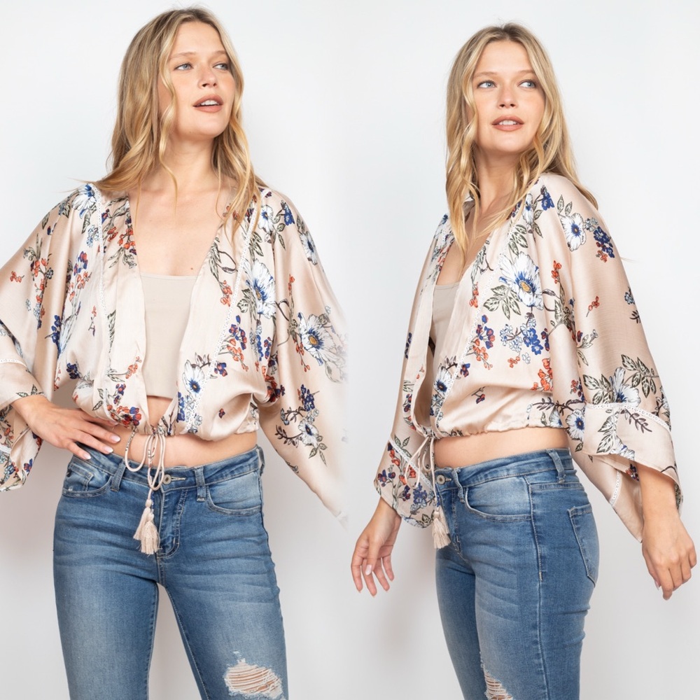 Floral Beige Women's Crop Front Tie Top - Picture 8 of 9
